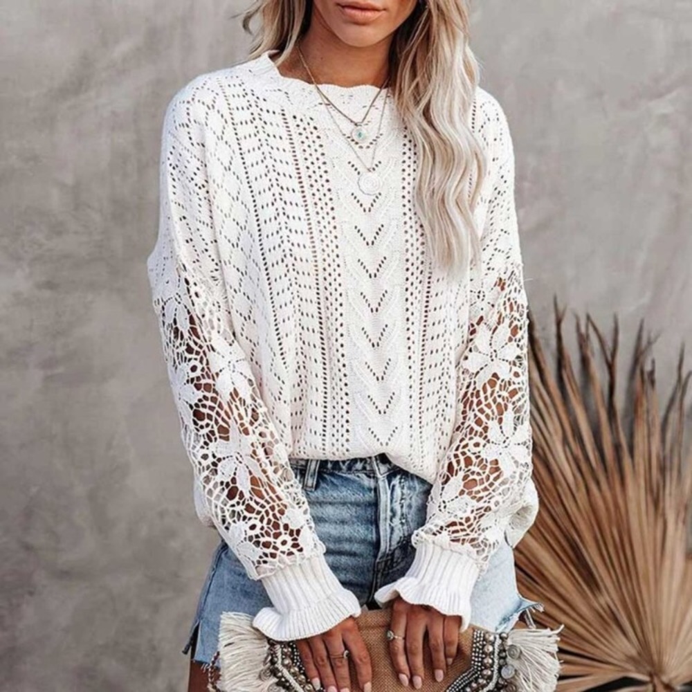 New Feminine Lace Detail Pullover Sweater Blouse